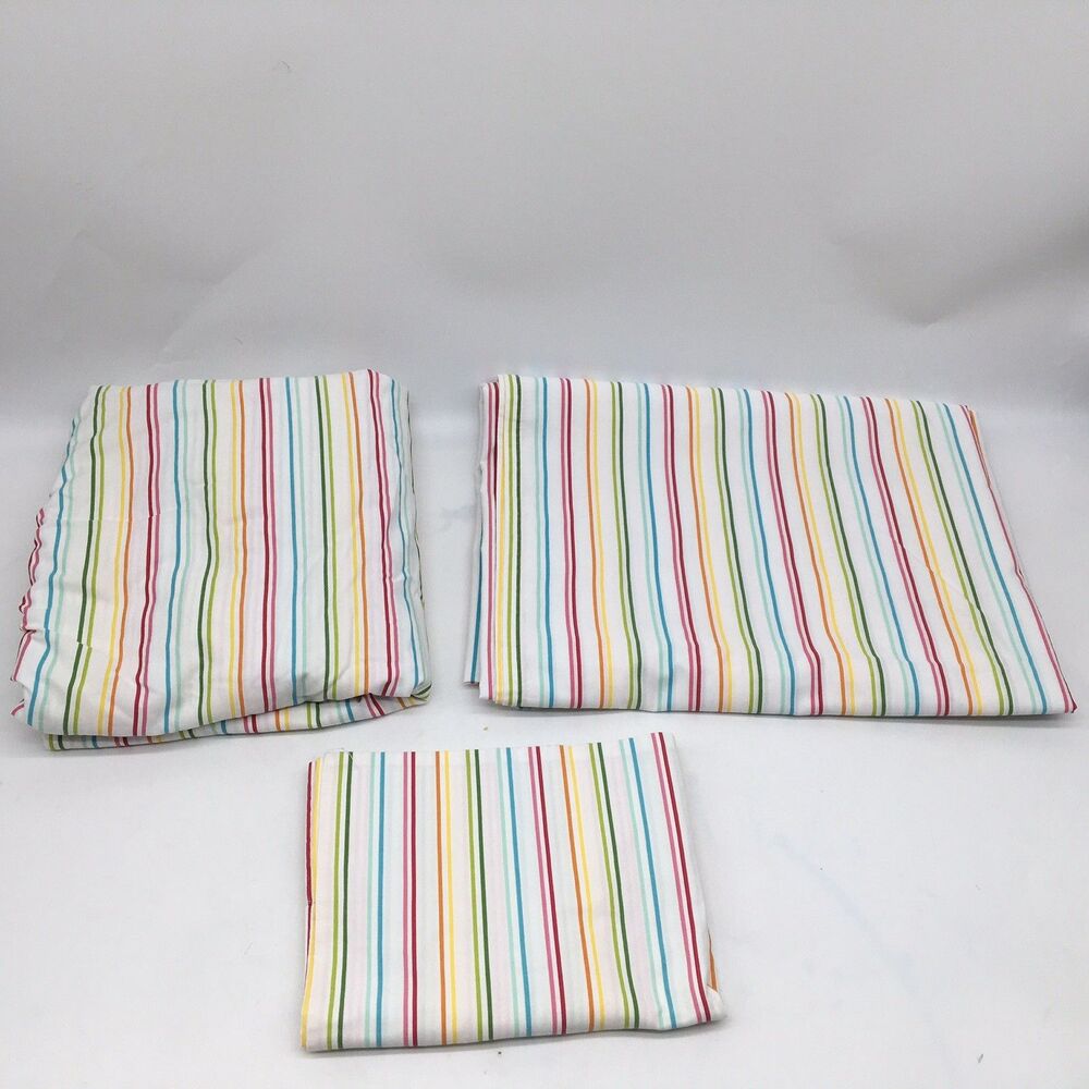 3 PC Multicolor White Pinstripe Twin Flat Fitted Bed Sheet Set Casual Home READ